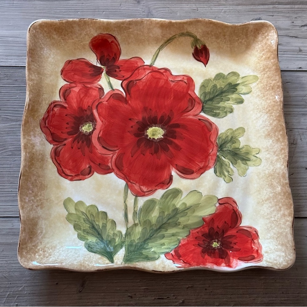 Floral Square Ceramic Plate With Red Poppies 10 Inches